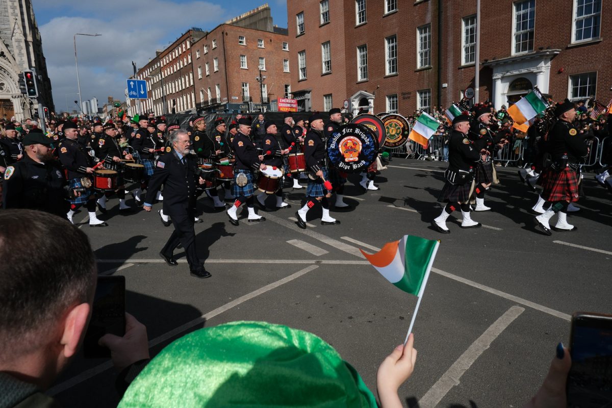 The Dublin Fire Brigade Pipe Band marches onto Cavendish Row during the Saint Patrick’s Day Parade in
Dublin, Ireland on March 18, 2026. Thousands of visitors come to Ireland for the holiday to celebrate
Irish culture.