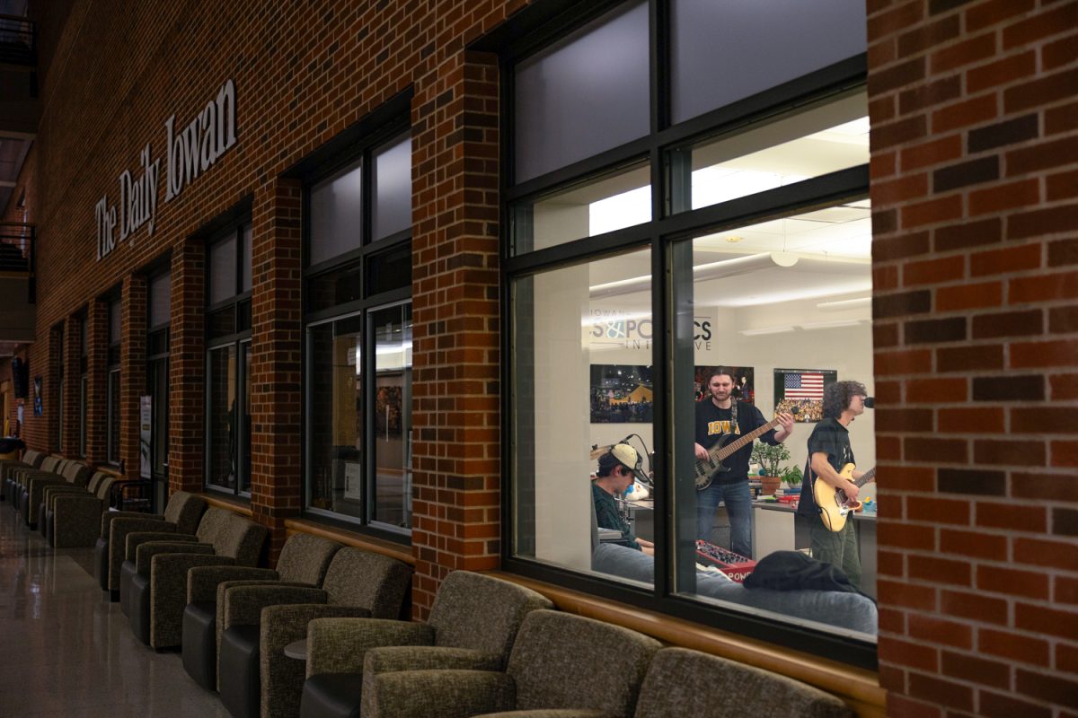 A local band performs at the Headliners concert at the Daily Iowan Newsroom on Friday, Feb. 27, 2026 in the Adler Journalism Building in Iowa City, Iowa. (Liz Sleper/The Daily Iowan)