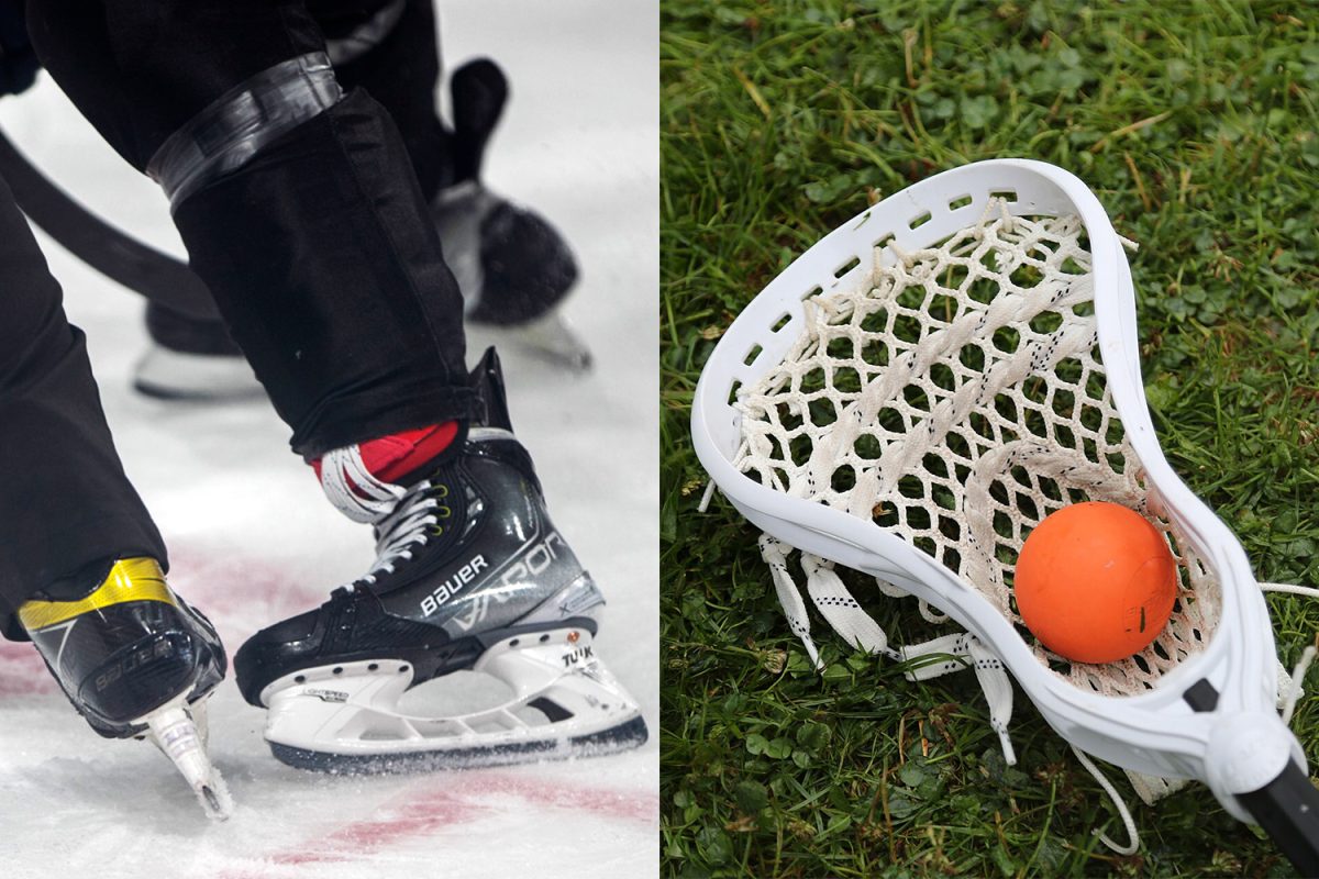 (LEFT) The skates of an Iowa Heartlander and a Tulsa Oiler are seen during their game on Friday, Oct. 17, 2025, at the Xtream Arena in Coralville, Iowa. The Heartlanders won the game 2-1. (Mitchell Brinkmeyer / The Daily Iowan) (RIGHT) Contributed from Wikimedia Commons.