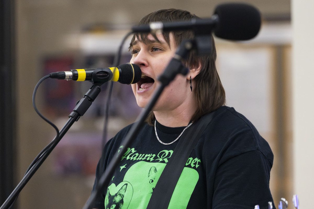 Lipstick Homicide performs during Headliners at The Daily Iowan Newsroom in the Adler Journalism Building in Iowa City, Iowa on Feb. 27, 2026.