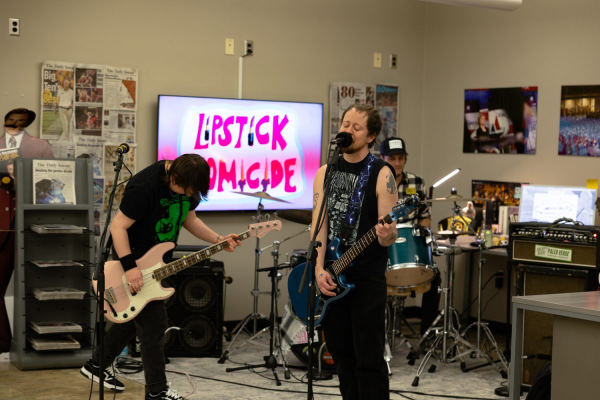 Lipstick Homicide performs at the Headliners concert at the Daily Iowan Newsroom on Friday, Feb. 27, 2026 in the Adler Journalism Building in Iowa City, Iowa. (Liz Sleper/The Daily Iowan)