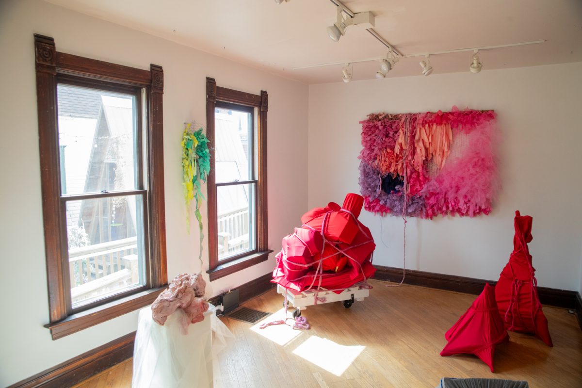 A room of art for the Muddling Through exhibit at Public Space One on Saturday, March 28, 2026. The exhibit is a mixture of sculptures and mixed media by artist Mirzam Pérez. (Travis Crabb / The Daily Iowan)