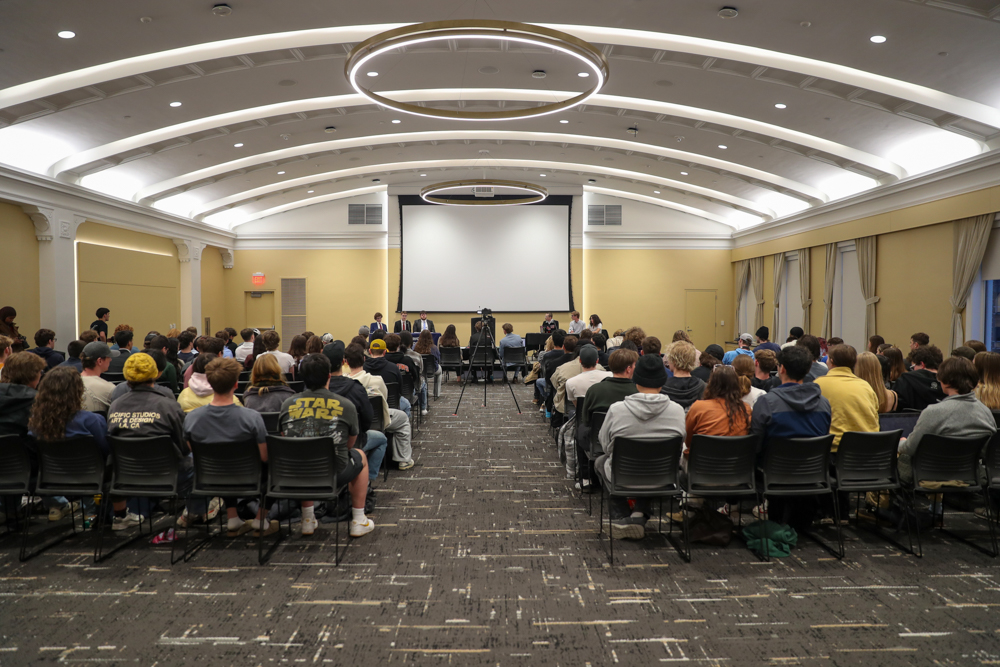 An on-campus political group, BridgeUSA, hosted a Capitalism vs. Communism debate in the Lichey Ballroom at the Iowa Memorial Union on Wednesday, April 1, 2026. (Danny Enright / The Daily Iowan)