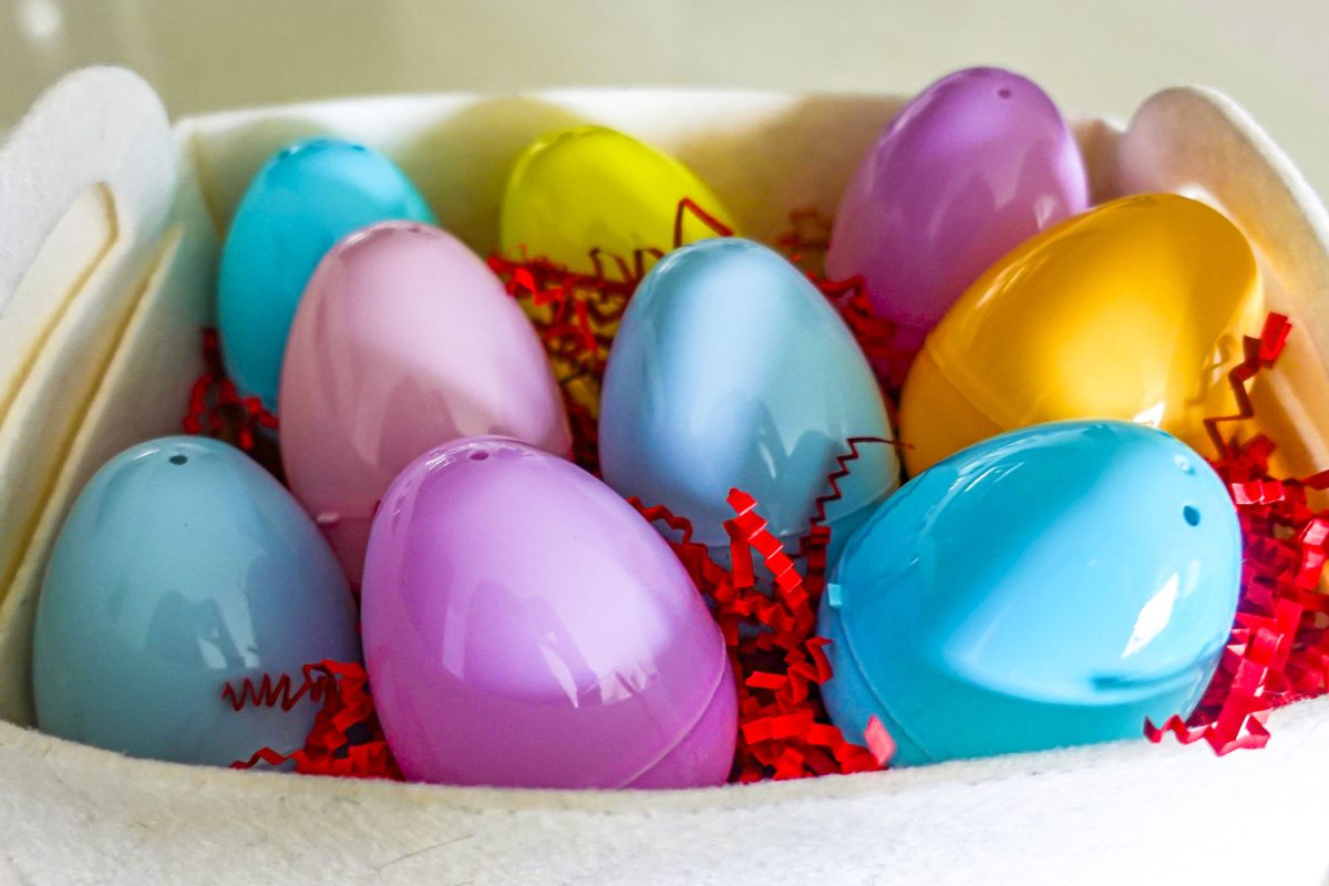 Easter eggs are seen on display at the Banks Student Living in Coralville, IA on Thursday, April 2, 2026. The University of Iowa does not provide students with an extended break for the holiday, resulting in students conducting thier own celebrations with close friends.  (Reece Schrader/Daily Iowan)