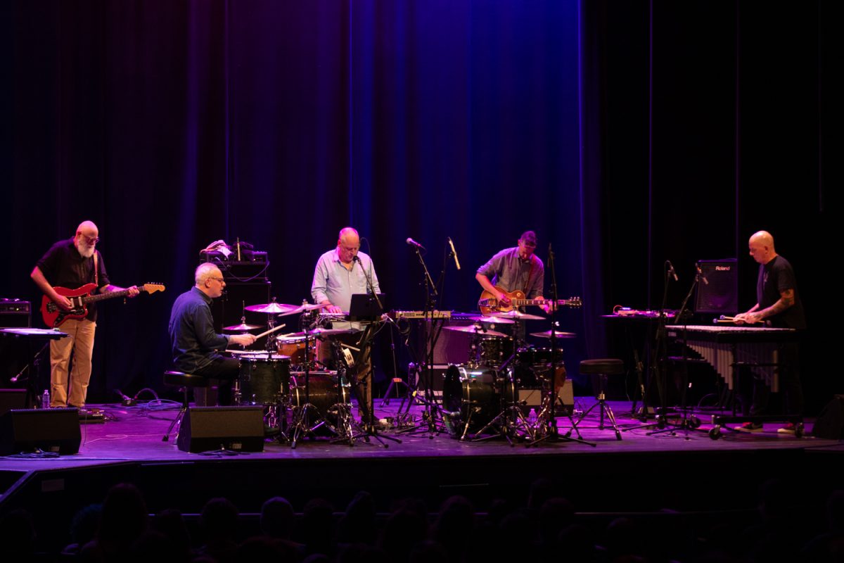 Tortoise performs at the Englert Theater in Downtown Iowa City, Iowa on Saturday, April 4, 2026. Tortoise is a post-rock band that got their start in Chicago. (Sal Yang/The Daily Iowan)