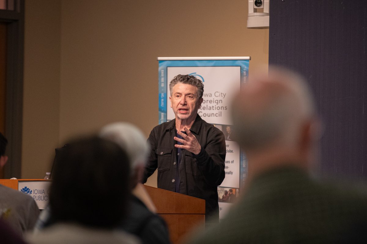 Silvio Waisbord speaks to an audience on Wednesday, April 8, 2026. During an event co-sponsored by the Iowa City Foreign Relations, Waisbord talks about topics such as journalism, and its outlook for the future. (Dexter Westbay/ The Daily Iowan).