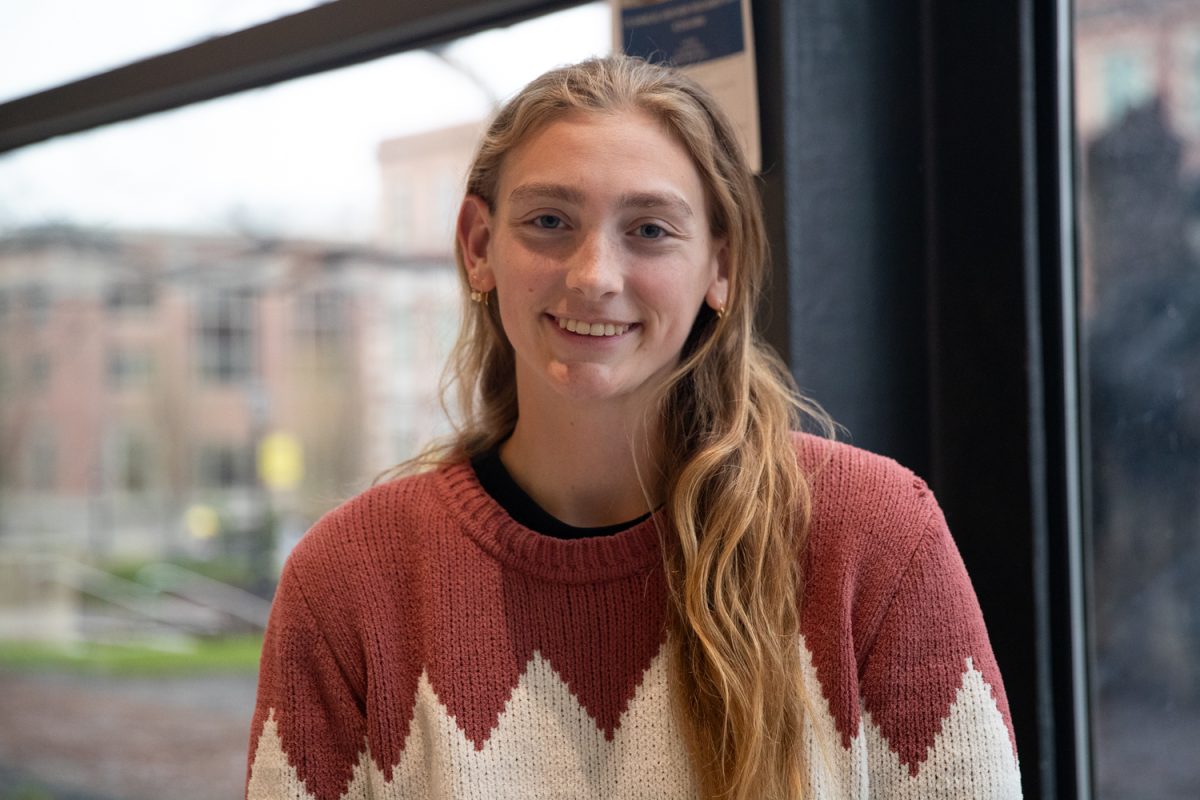 Nina Osborne poses for a portrait in the lobby of the Blank Honors Center on Thursday, April 9, 2026. She received a major research scholarship from the University of Iowa. (Travis Crabb/Daily Iowan)
