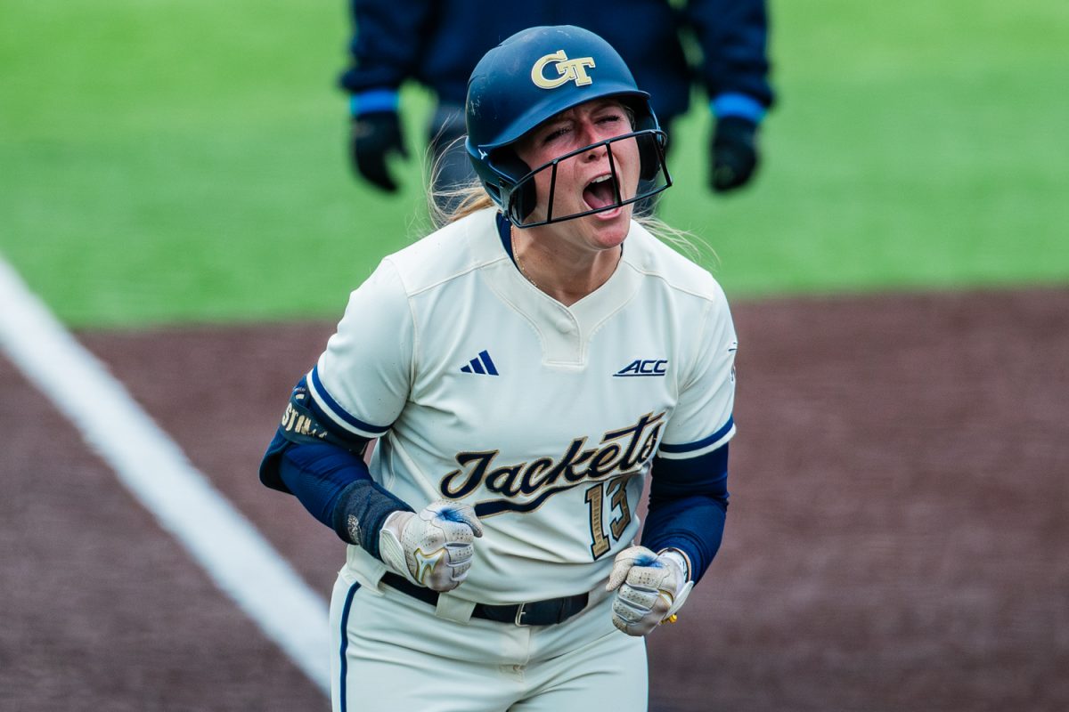 Georgia Tech’s Addison Luschber screams in celebration after securing a home run during a softball game between the Iowa Hawkeyes and the Georgia Tech Jackets at Bob Pearl Stadium in Iowa City, IA on Saturday, April 11th, 2026. The Jackets defeated the Hawkeyes 8-0 after an opening 2-1 loss on Friday, April 10th, 2026. (Reece Schrader/Daily Iowan)