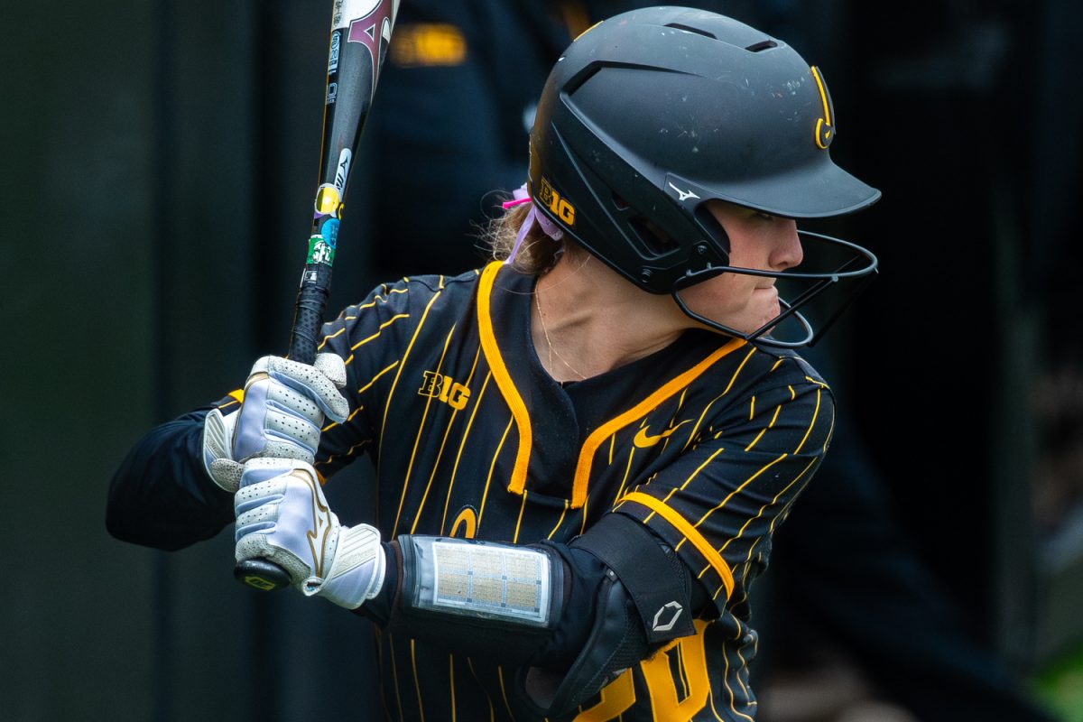 Iowa’s Devin Simon warms up to bat during a softball game between the Iowa Hawkeyes and the Georgia Tech Jackets at Bob Pearl Stadium in Iowa City, IA on Saturday, April 11th, 2026. The Jackets defeated the Hawkeyes 8-0 after an opening 2-1 loss on Friday, April 10th, 2026. (Reece Schrader/Daily Iowan)