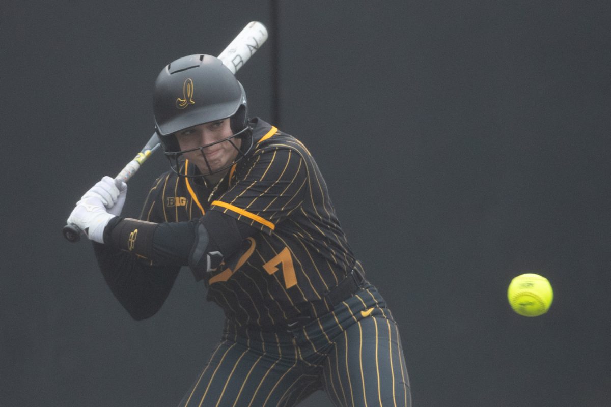 Iowa’s Phoenyx Silva attempts to swing during a softball game between the Iowa Hawkeyes and the Georgia Tech Jackets at Bob Pearl Stadium in Iowa City, IA on Saturday, April 11th, 2026. The Jackets defeated the Hawkeyes 8-0 after an opening 2-1 loss on Friday, April 10th, 2026. (Reece Schrader/Daily Iowan)