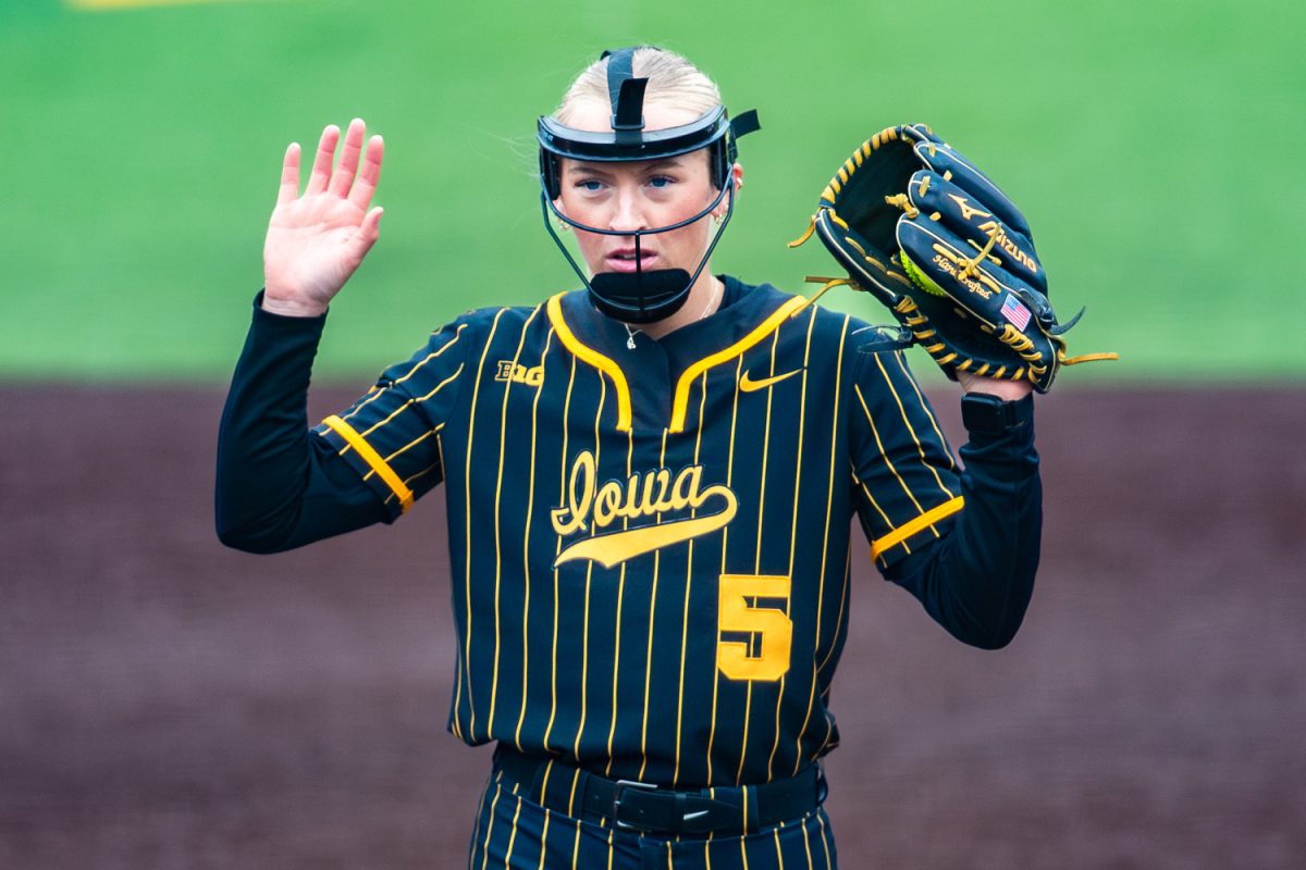 Iowa’s Avery Sapp signals to umpire during a softball game between the Iowa Hawkeyes and the Georgia Tech Jackets at Bob Pearl Stadium in Iowa City, IA on Saturday, April 11th, 2026. The Jackets defeated the Hawkeyes 8-0 after an opening 2-1 loss on Friday, April 10th, 2026. (Reece Schrader/Daily Iowan)