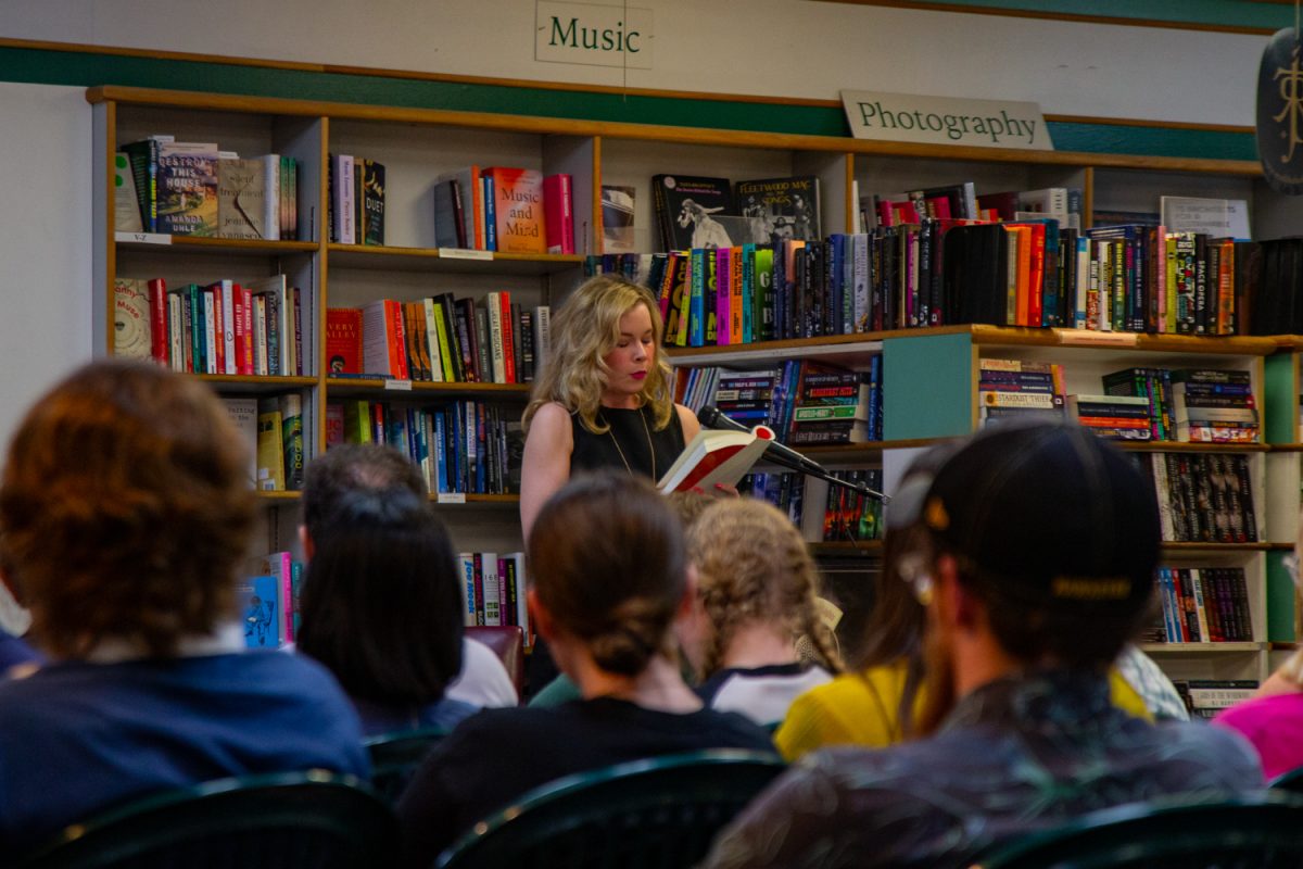 Author Candice Wuehle speaks to Prairie Lights patrons during a reading of her latest novel, “Ultranatural,” at the Iowa City bookstore on Monday, April 13, 2026. 