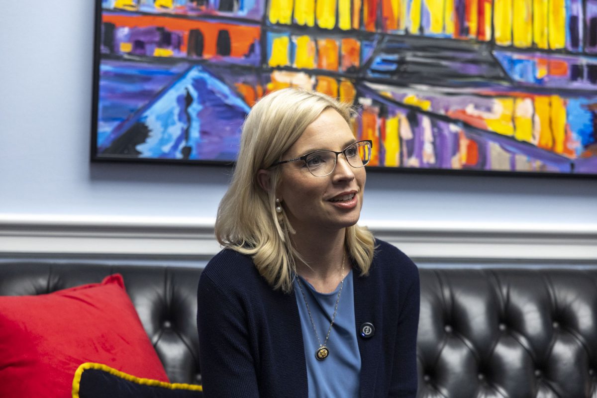 Rep. Ashley Hinson, R-Iowa, speaks during an interview with The Daily Iowan in the Rayburn House Office Building in Washington on Wednesday, April 15, 2026.