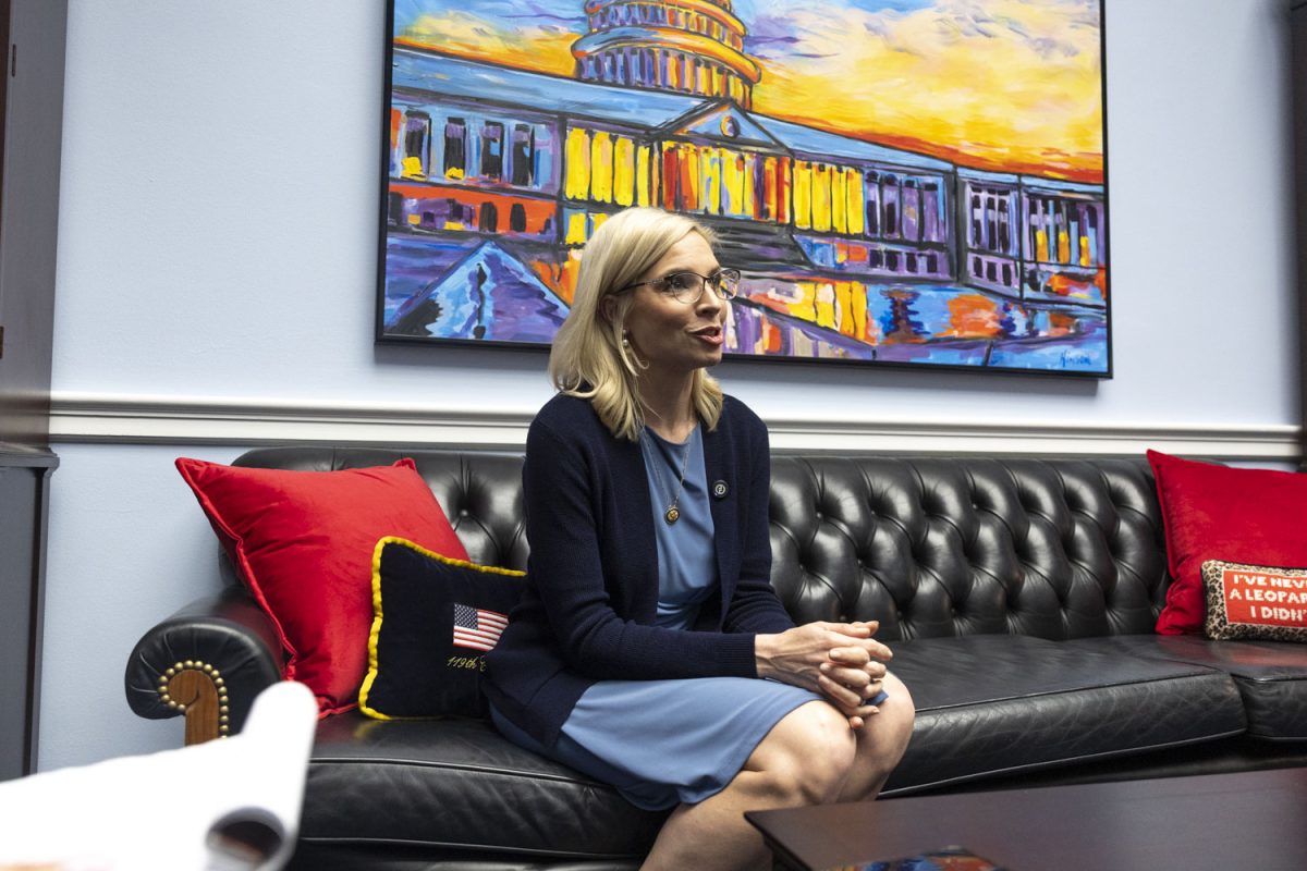 Rep. Ashley Hinson, R-Iowa, speaks during an interview with The Daily Iowan in the Rayburn House Office Building in Washington on Wednesday, April 15, 2026.