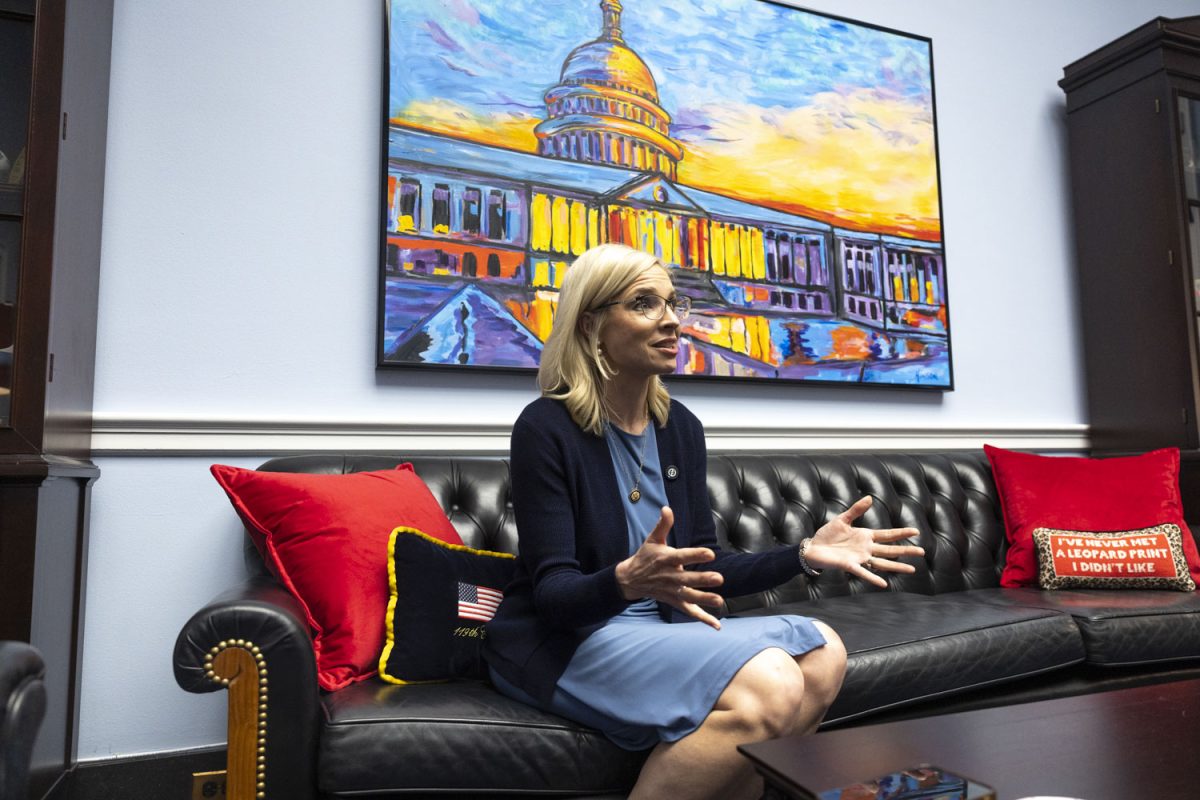 Rep. Ashley Hinson, R-Iowa, speaks during an interview with The Daily Iowan in the Rayburn House Office Building in Washington on Wednesday, April 15, 2026.