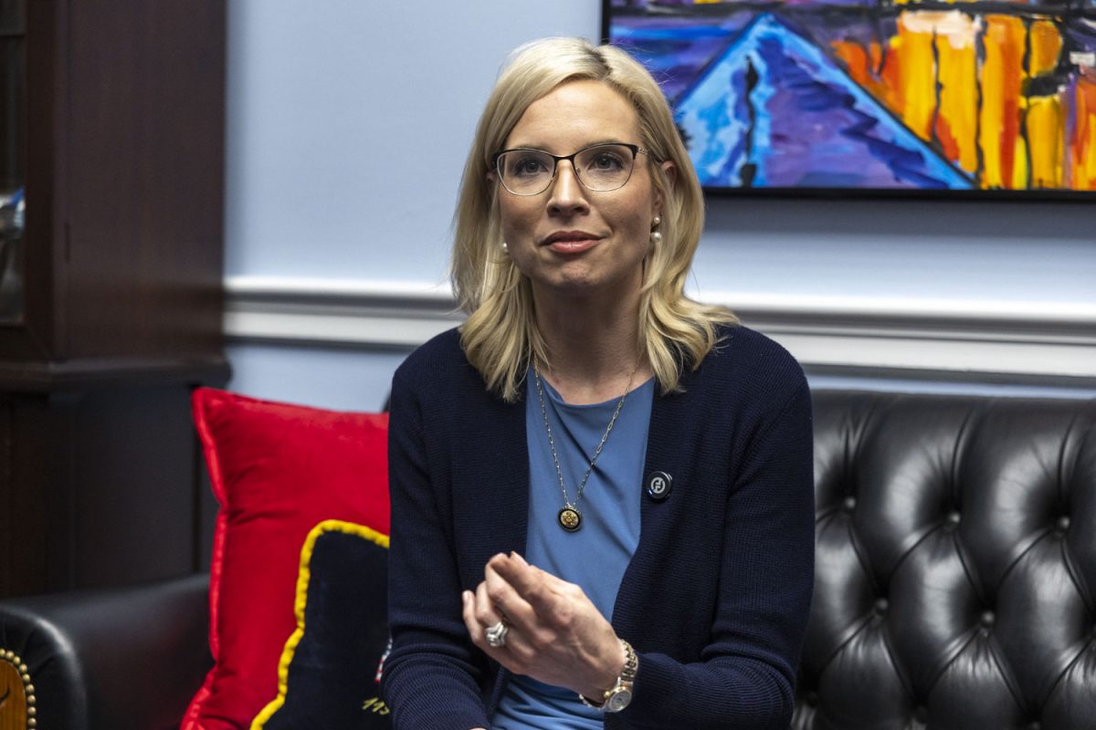 Rep. Ashley Hinson, R-Iowa, speaks during an interview with The Daily Iowan in the Rayburn House Office Building in Washington on Wednesday, April 15, 2026.