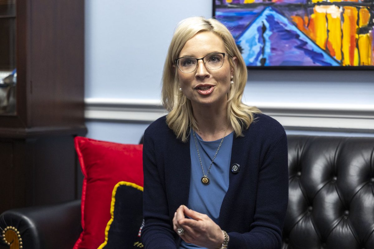 Rep. Ashley Hinson, R-Iowa, speaks during an interview with The Daily Iowan in the Rayburn House Office Building in Washington on Wednesday, April 15, 2026.