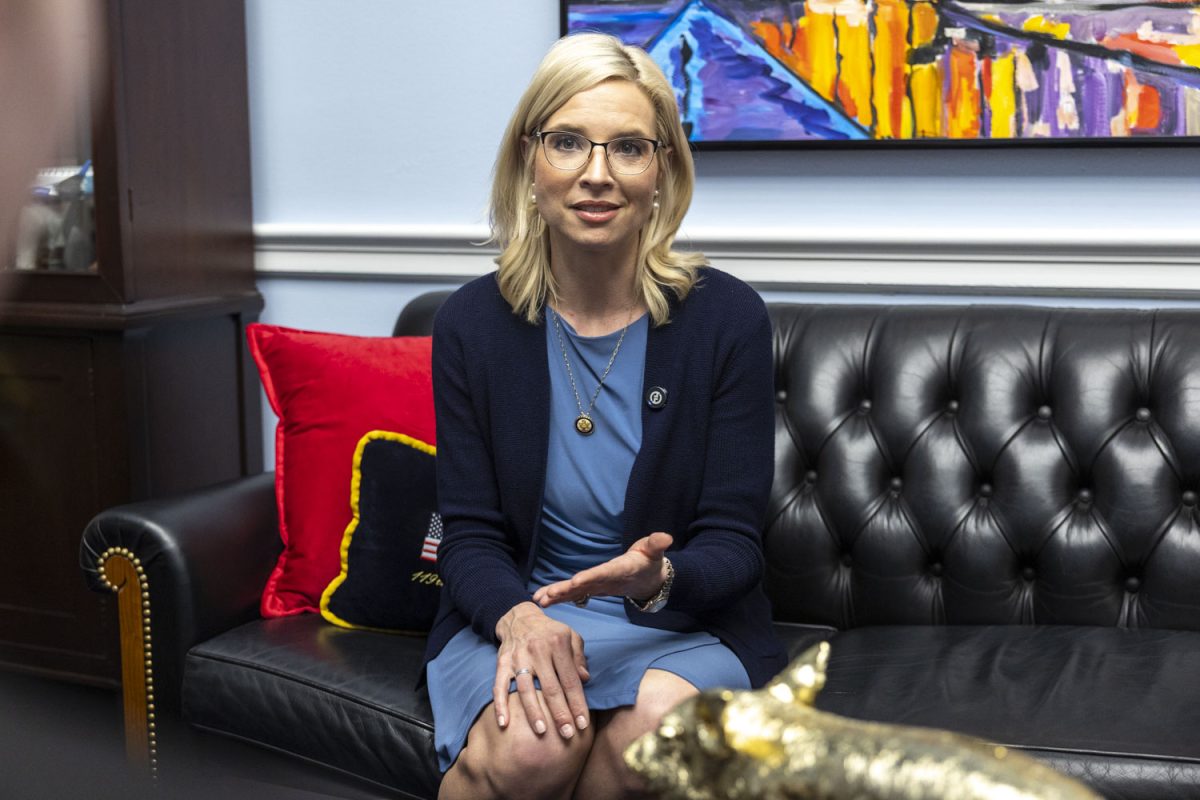 Rep. Ashley Hinson, R-Iowa, speaks during an interview with The Daily Iowan in the Rayburn House Office Building in Washington on Wednesday, April 15, 2026.