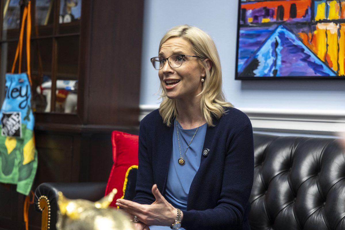 Rep. Ashley Hinson, R-Iowa, speaks during an interview with The Daily Iowan in the Rayburn House Office Building in Washington on Wednesday, April 15, 2026.