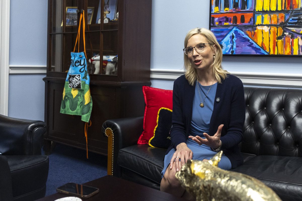 Rep. Ashley Hinson, R-Iowa, speaks during an interview with The Daily Iowan in the Rayburn House Office Building in Washington on Wednesday, April 15, 2026.