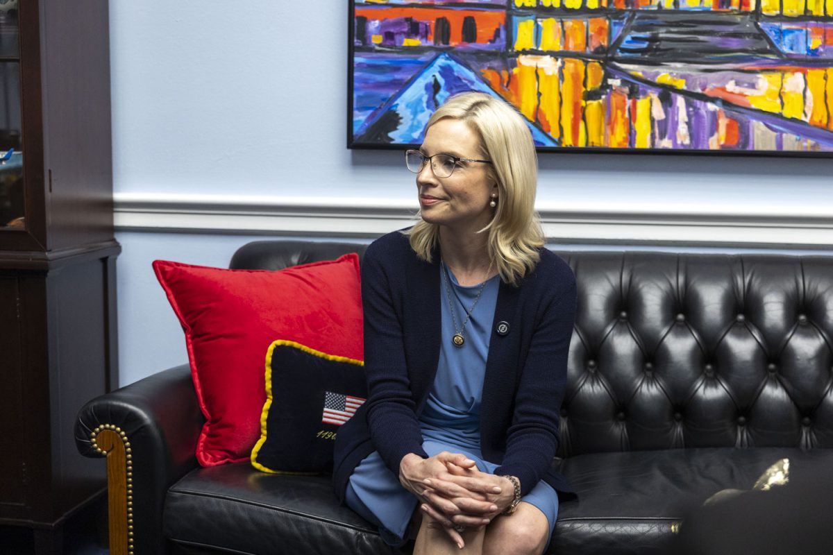 Rep. Ashley Hinson, R-Iowa, speaks during an interview with The Daily Iowan in the Rayburn House Office Building in Washington on Wednesday, April 15, 2026.