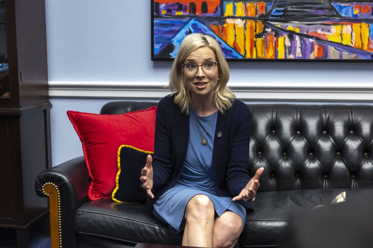 Rep. Ashley Hinson, R-Iowa, speaks during an interview with The Daily Iowan in the Rayburn House Office Building in Washington on Wednesday, April 15, 2026.