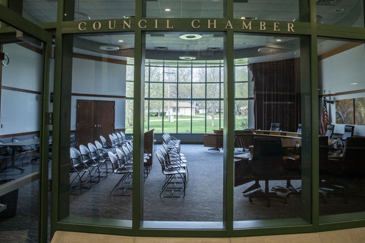 The Council Chamber located in Coralville City Hall on Seventh Street in Coralville, IA on Wednesday, April 15, 2026. The Coralville City Council recently approved a designated site in Iowa River Landing  for the construction of a Chick-fil-A restaurant.