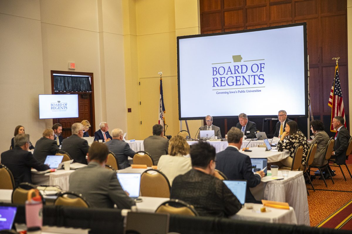 The Iowa Board of Regents meets at the Iowa State University Alumni Center in Ames, IA on Wednesday, April 22, 2026. The Board will be meeting for two days to discuss topics such as tuition, construction and destruction of campus buildings, and majors that will be started or discontinued at Iowa’s three public universities. (Mitchell Brinkmeyer/The Daily Iowan)