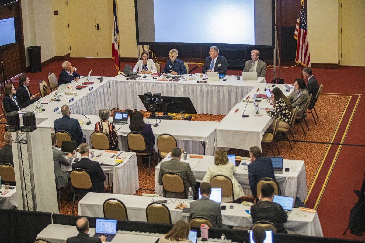 The Iowa Board of Regents meets at the Iowa State University Alumni Center in Ames, Iowa, on Wednesday, April 22, 2026. The regents will be meeting for two days to discuss topics such as tuition, construction and destruction of campus buildings, and majors that will be started or discontinued at Iowa’s three public universities. 