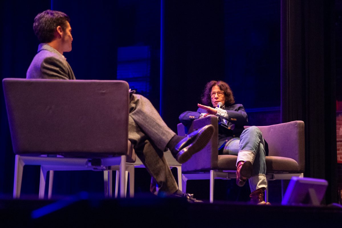 Fran Lebowitz speaks to moderator Matteo Lokmic during a lecture and interview with New York author and humorist Lebowitz at The Englert Theatre on Wednesday, April 22, 2026. The event was hosted by the UI Lecture Series, and moderated by Lokmic. Over one hundred community members attended to ask questions and get books signed. (Ava Neumaier / The Daily Iowan)