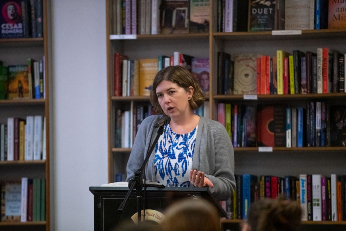 Writer Rebecca Lehmann adresses the audience at her Ask The Author event in Prairie Lights Books on Wednesday, April 22, 2026. Lehmann is talking about her new novel “The Beheading Game” and was joined in conversation by poet Paige Lewis.(Travis Crabb / The Daily Iowan)