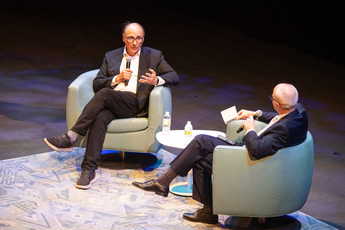 David Axelrod and Ben Kieffer talk at the beginning of the Levitt Lecture at Hancher Auditorium in Iowa City on Tuesday, April 28, 2026. (Annika Nelson/ The Daily Iowan)
