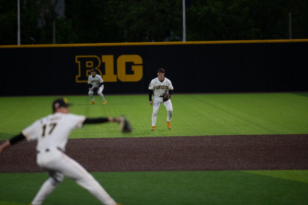 Iowa 2nd basemen Gable Mitchell gets set during a baseball game between the Iowa Hawkeyes and the Illinois State Redbirds on Tuesday, April 28, 2026. The Hawkeyes fell to the Redbirds 13-6. (Patrick Murphy / The Daily Iowan)