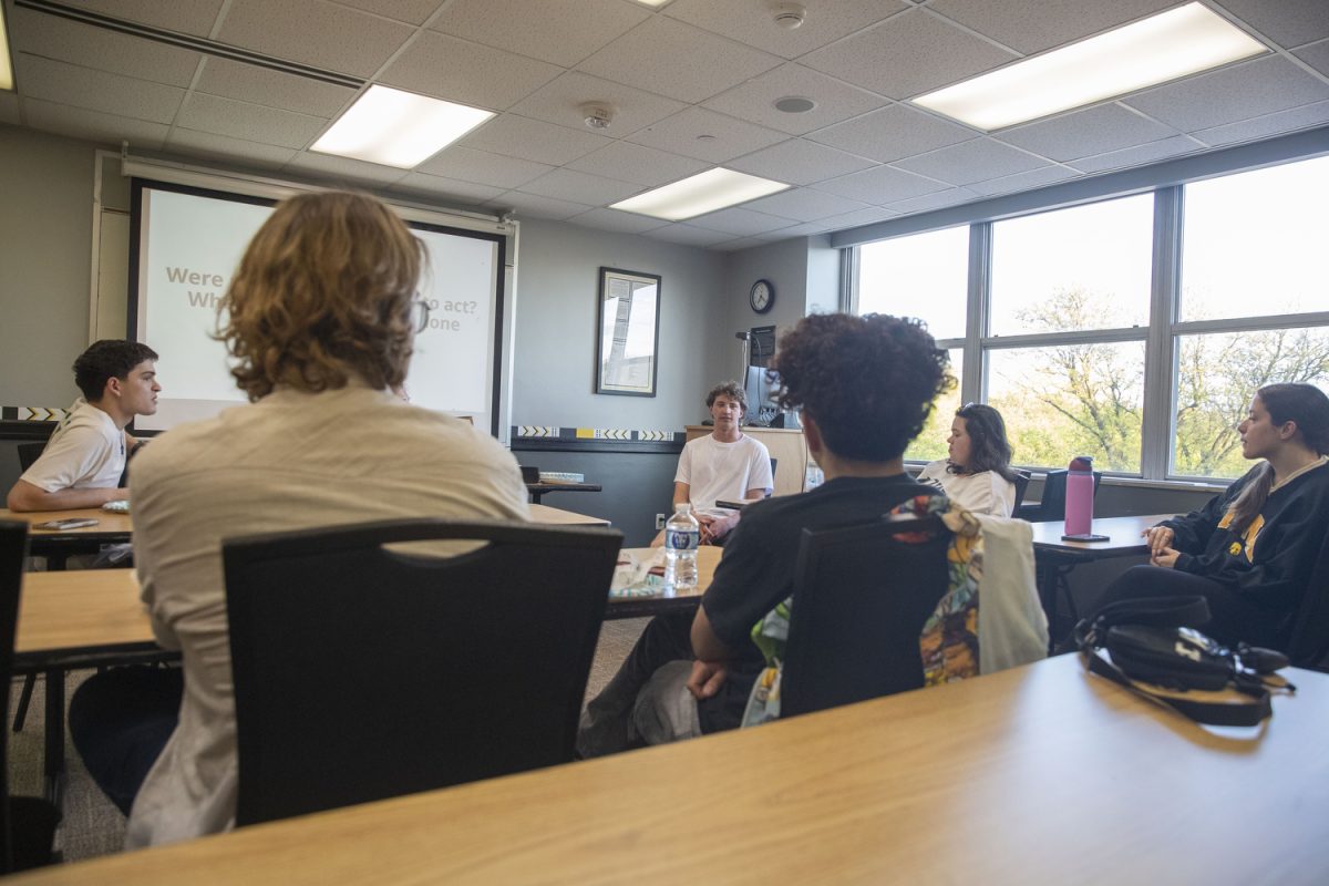 Members of Bridge Iowa speak in the Iowa Memorial Union on April 29, 2026. The club hosted a community discussion about gun laws following the Ped Mall shooting on April 19. 