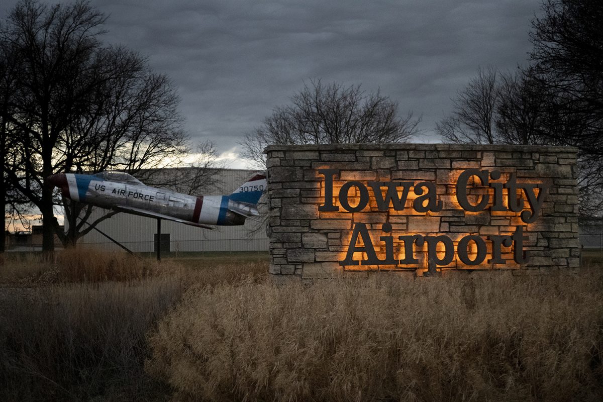 An F-86 Sabre jet rests on stilts at the Iowa City Municipal Airport on Dec. 1, 2022. The jet is at risk of being removed by The Iowa City Airport Commission. (Matt Sindt/The Daily Iowan)