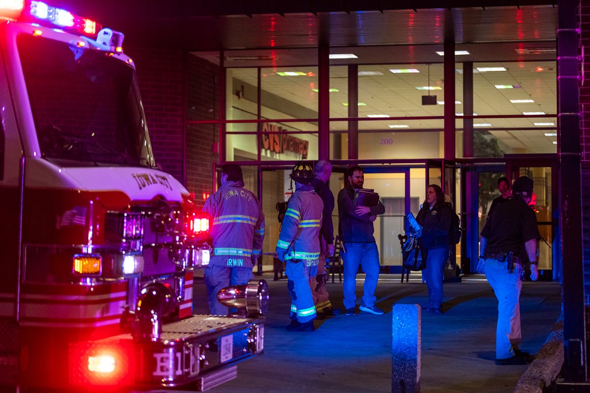 Iowa City first responders speak after controlling an appliance fire at the Old Capitol Mall in Iowa City on Saturday, April 25, 2026. 