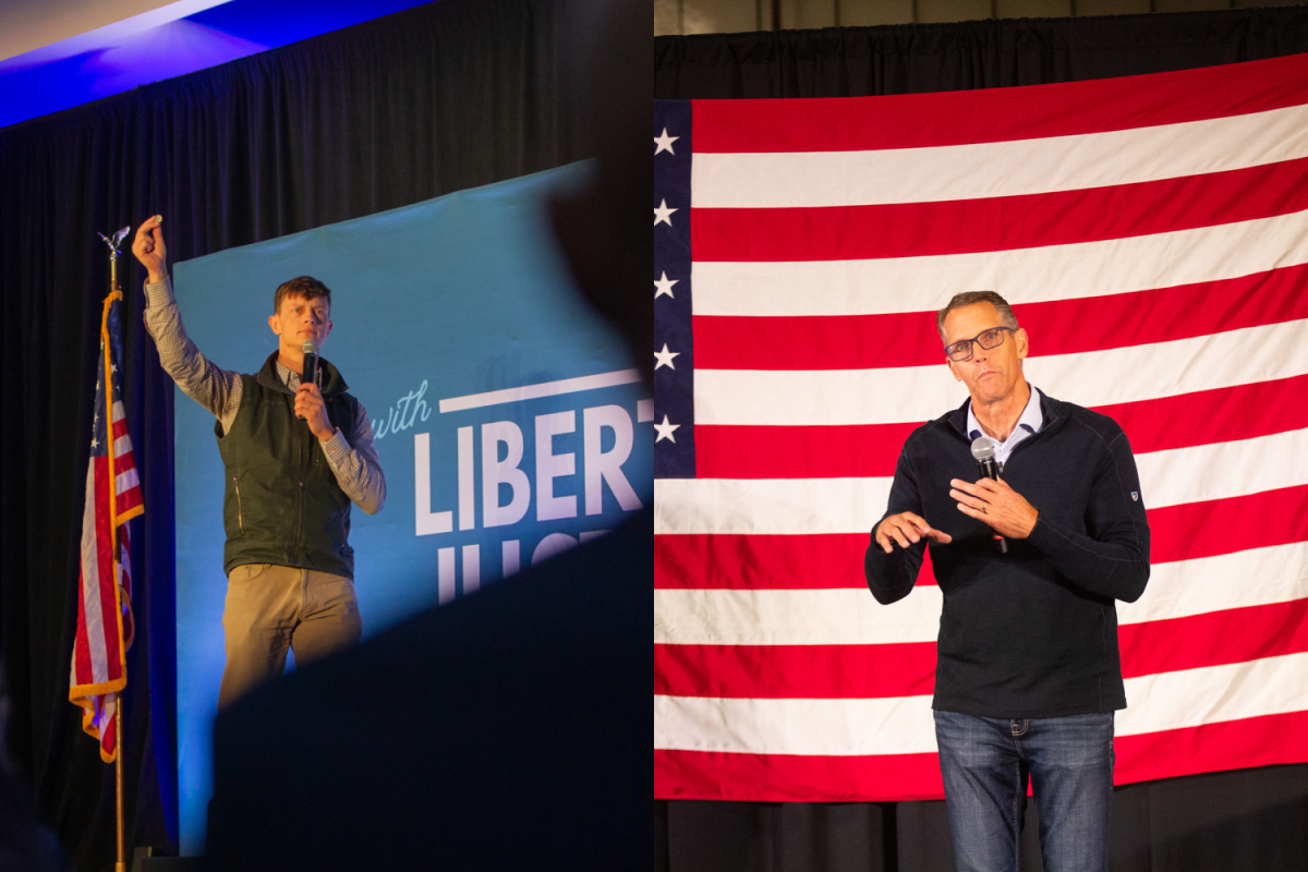 (Left) Iowa Gubernatorial Candidate Rob Sand speaks to attendees of the Iowa Democratic Party’s Liberty and Justice Celebration in Des Moines on Sunday, Nov. 9, 2025. (Right) U.S Rep. Randy Feenstra speaks at the MMM annual tailgate at Streb Construction on Friday, Oct. 24, 2025. 