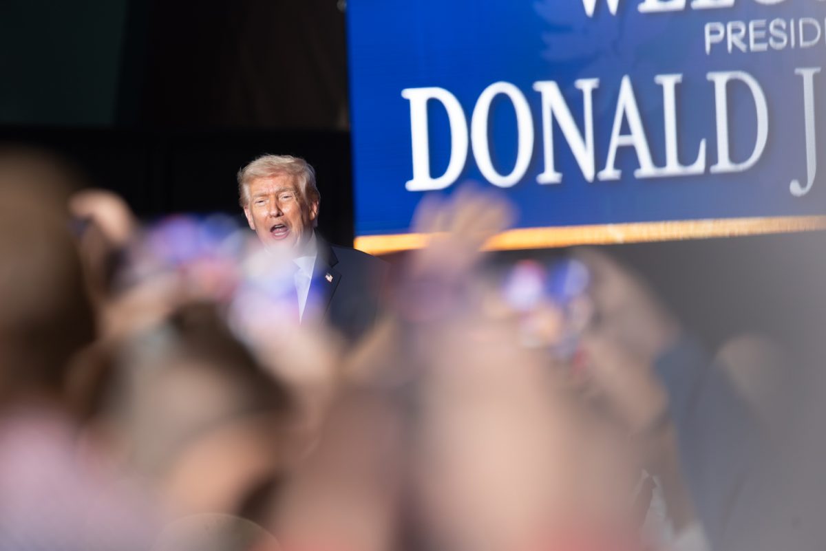 President Donald Trump addresses the crowd during a rally in Clive, Iowa on Tuesday, Jan. 27, 2026. (Ethan McLaughlin/The Daily Iowan)