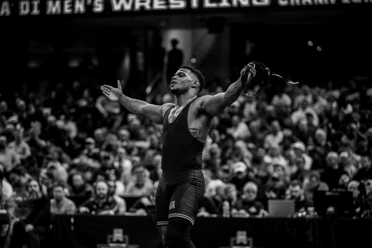 “It came to being at the very bottom that I found out that I can fight another day,” said Arnold in addressing his thoughts in the darkest mental state of his life. Arnold, wrestling three weight-classes above his competition weight, became an All-American in the 197-pounds bout and was deemed the lowest seed ever to All-American in NCAA Tournament history.(Reece Schrader / The Daily Iowan)