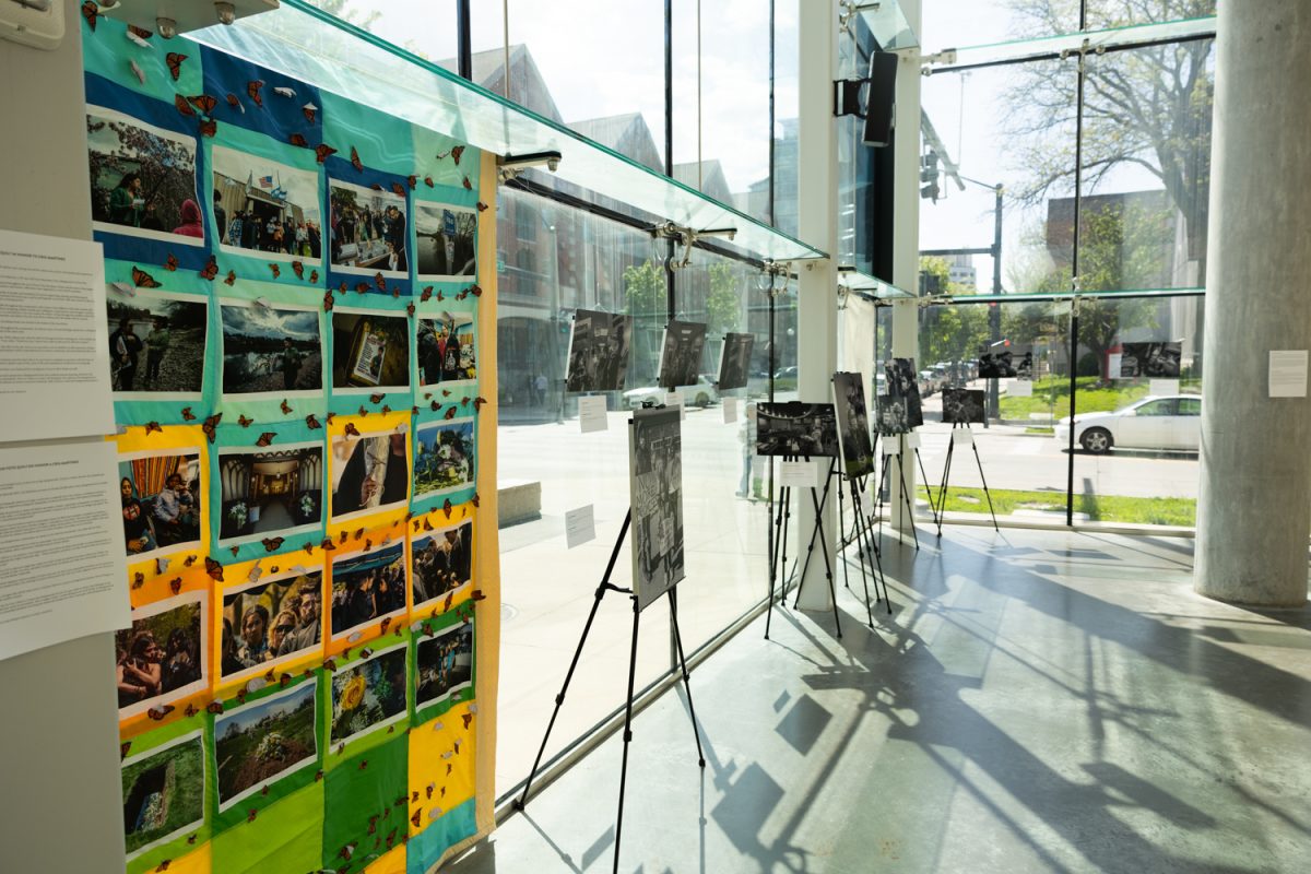 Artworks are displayed at FilmScene at the Chauncey in Iowa City on May 3, 2026. The art was a part of the Aqui y Alla Film festival, which lasted from May 1-3.  (Liz Sleper / The Daily Iowan)
