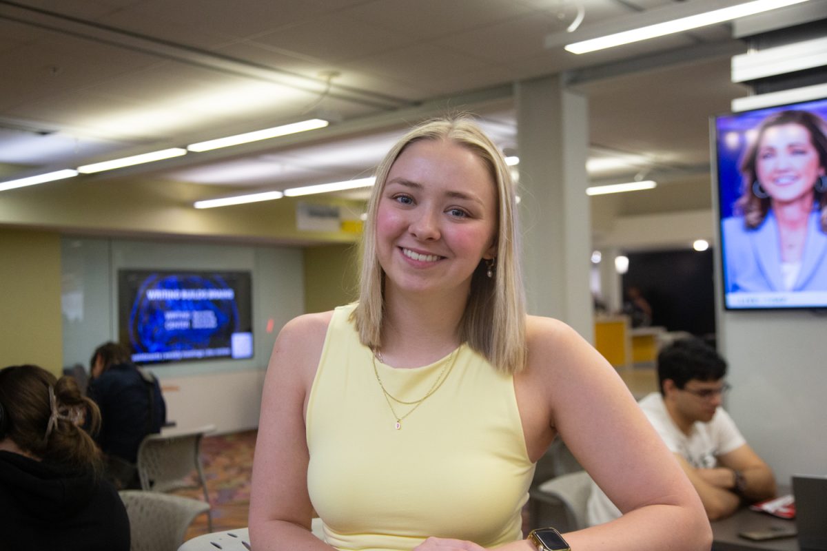 Campbell Wood, a senior in Journalism, poses for a portrait in the Main Library, in Iowa City, Iowa, on Monday, May 4, 2026. Campbell was the executive manager of Dance Marathon. (Sal Yang/The Daily Iowan)