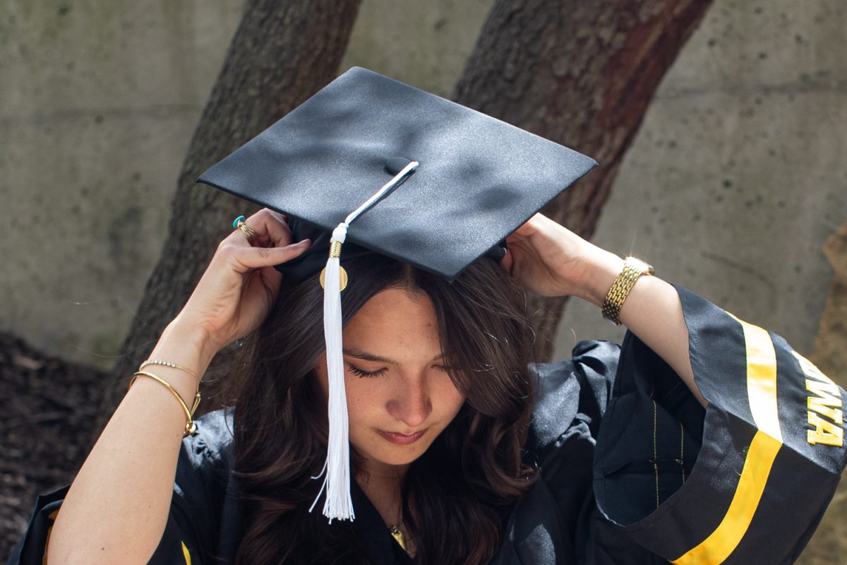Cielo Herrera poses for a portrait at the Dancer’s Garden outside Halsey Hall in Iowa City, Iowa on Monday, May 4, 2026. Herrera majored in Communication and Event Management and minored in dance. She founded the organization Bridge Iowa and was the President of Walk It Out in her final year at the University of Iowa. (Ava Neumaier / The Daily Iowan).
