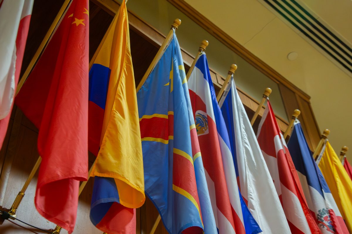 The national flag of Democratic Republic of the Congo hangs with other national flags in the International Ballroom in Iowa Memorial Union, in Iowa City, Iowa, on Wednesday, May 6, 2026. (Sal Yang/The Daily Iowan)