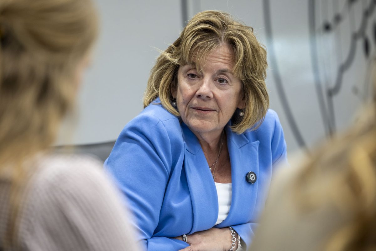 University of Iowa President Barbara Wilson speaks with The Daily Iowan in Jessup Hall in Iowa City on Wednesday, May 6, 2026. (Samantha DeFily/The Daily Iowan)