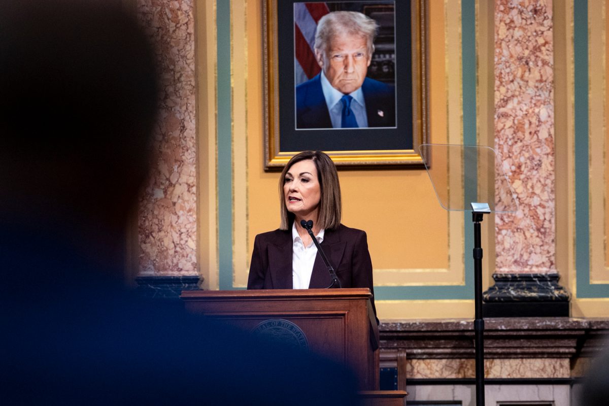 Gov. Kim Reynolds speaks at the Iowa State Capitol on Jan. 13, 2026.