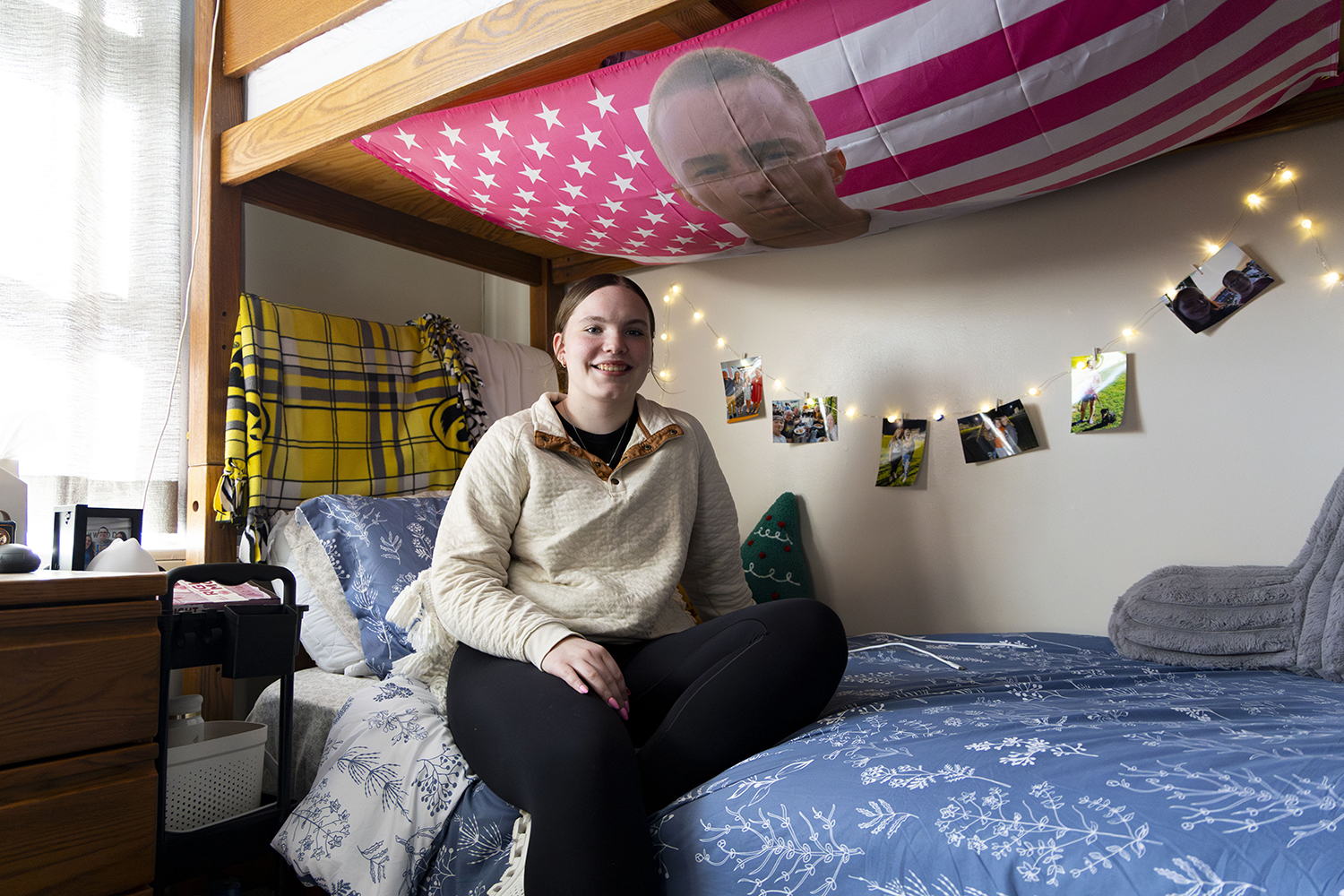 Freshman Kadence Head poses for a portrait in Burge Residence Hall in Iowa City, Iowa on Monday, Feb. 2, 2026. Head is a pre-nursing major and was preparing to head off to chemistry class. (Samantha DeFily / The Daily Iowan)