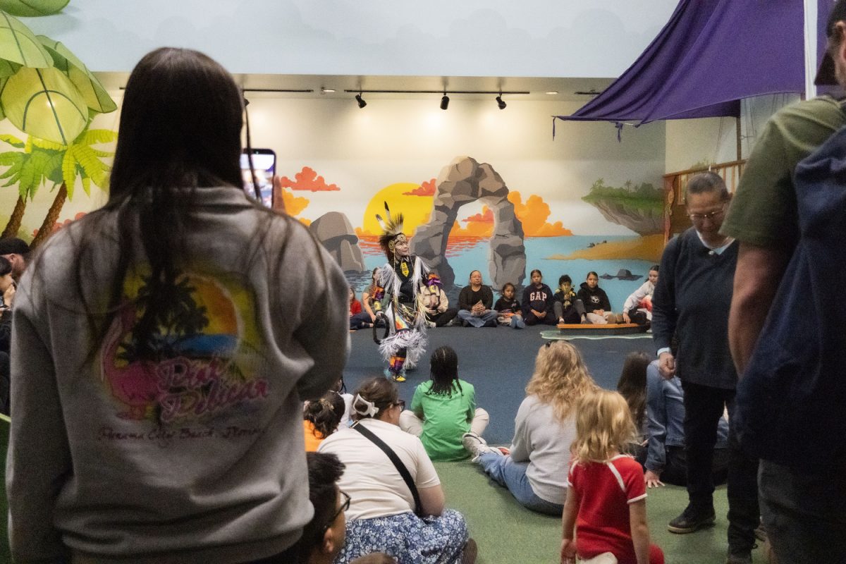 Channing Whitefish performs at a Powwow lead-up event at the Children's Museum on March 28, 2026. 