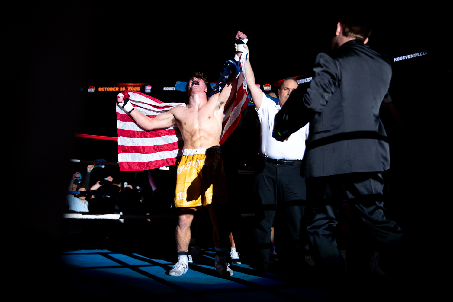 Samson Diener celebrates after being announced as the winner during a Knockout University fight at Xtream Arena in Coralville, Iowa on Thursday, October. 16, 2025. This was the first time Knockout University has come to Iowa.