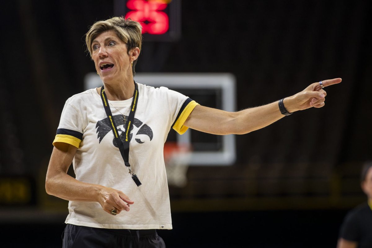 Head Coach Jan Jensen directs players in drill during the Iowa Women's Basketball media day hosted at Carver Hawkeye Arena in Iowa City, IA on Thursday, June 25, 2026.