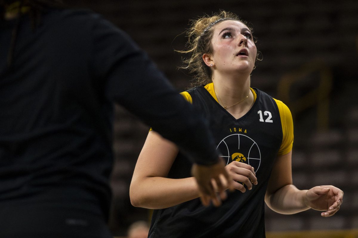 Iowa Center Layla Hays anticipates rebound during the Iowa Women's Basketball media day hosted at Carver Hawkeye Arena in Iowa City, IA on Thursday, June 25, 2026.